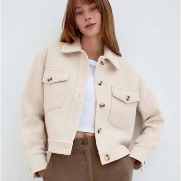 WILFRED FREE x ARITZIA Ganna Cropped Shirt Jacket Shacket Heather Bone Sz L NWT - Picture 1 of 5